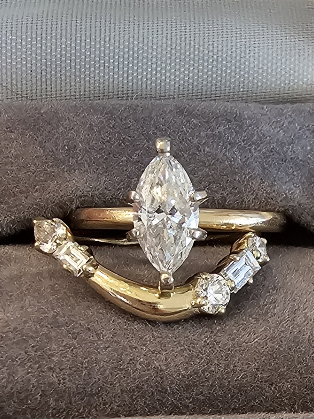 Genuine Marquise Diamond Engagement Ring with Curved Diamond Band - Gold